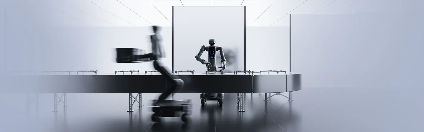 A humanoid robot on a manufacturing line