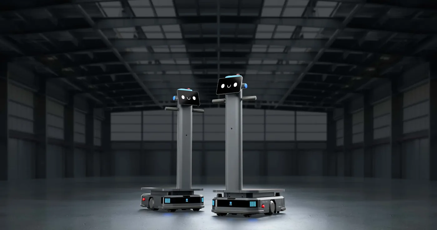 Industrial transport robots in a warehouse