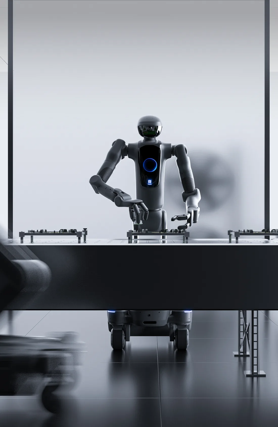 A humanoid robot working at an electronics assembly line