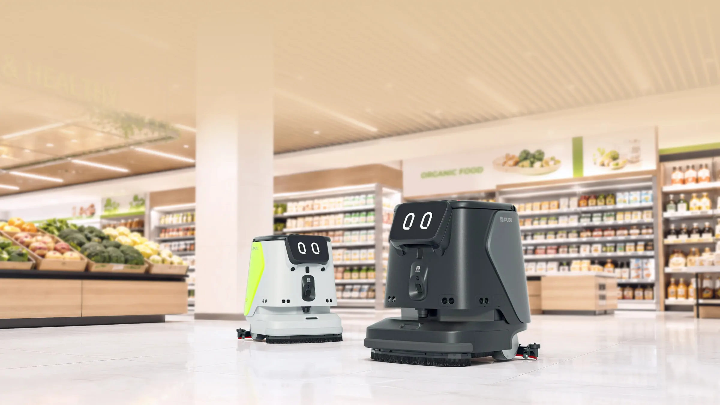 Cleaning robots in a supermarket aisle